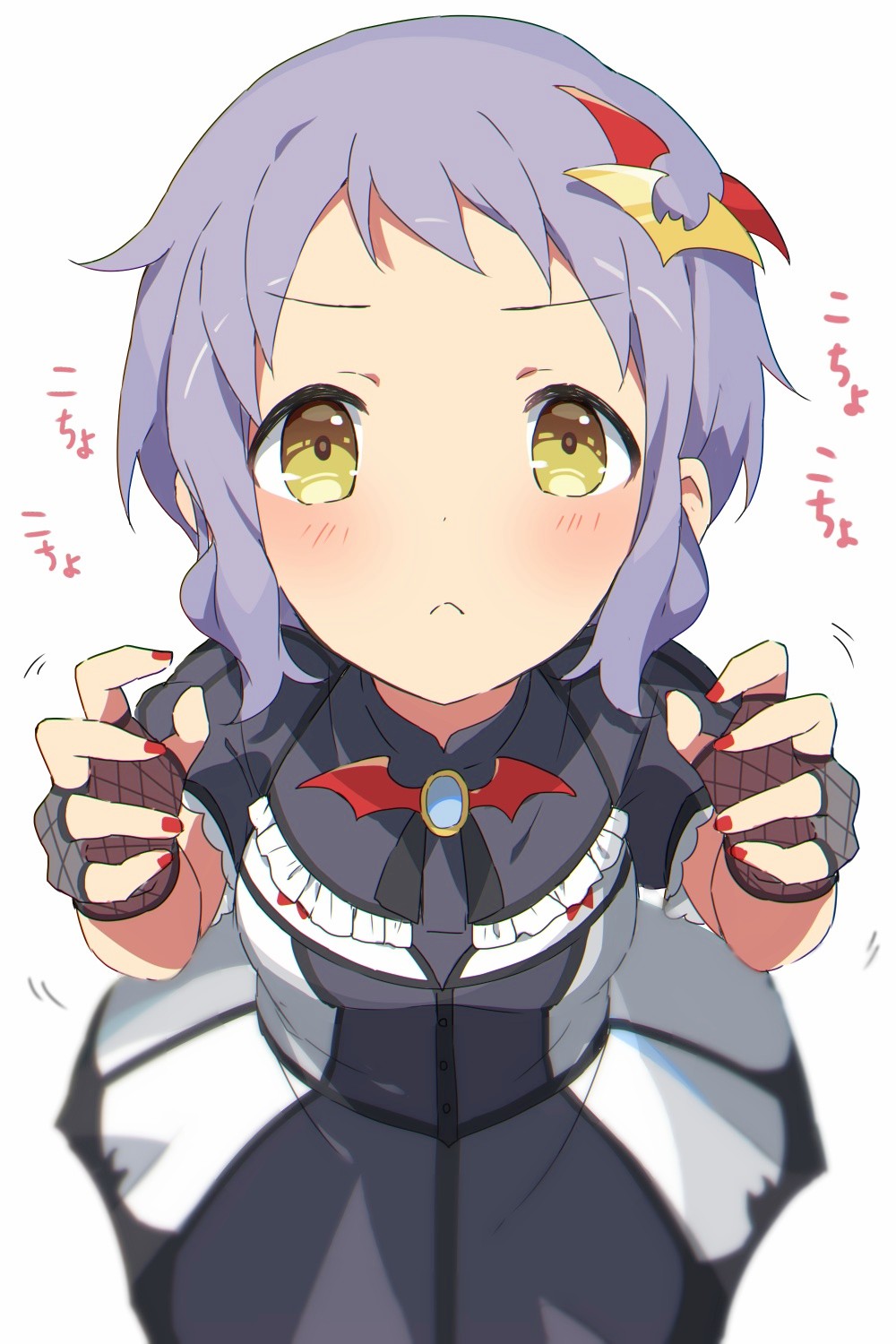 :<, bat_hair_ornament, bat_necklace, black_dress, blush, commentary_request, dress, fishnet_gloves