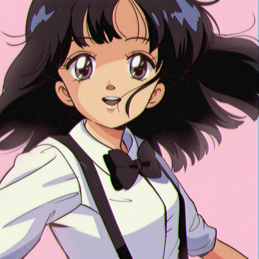1girl, absurdres, album_cover_redraw, bangs, black_bow, black_bowtie, black_hair, bow