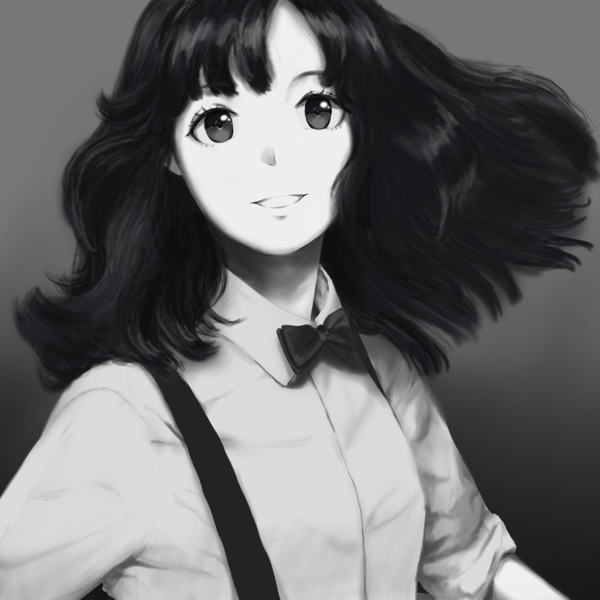 1girl, album_cover_redraw, bangs, black_bow, black_bowtie, black_eyes, black_hair, bow