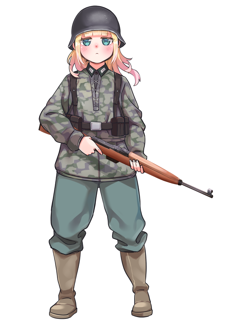 1girl, bangs, blonde_hair, boots, camouflage, camouflage_headwear, camouflage_jacket, closed_mouth