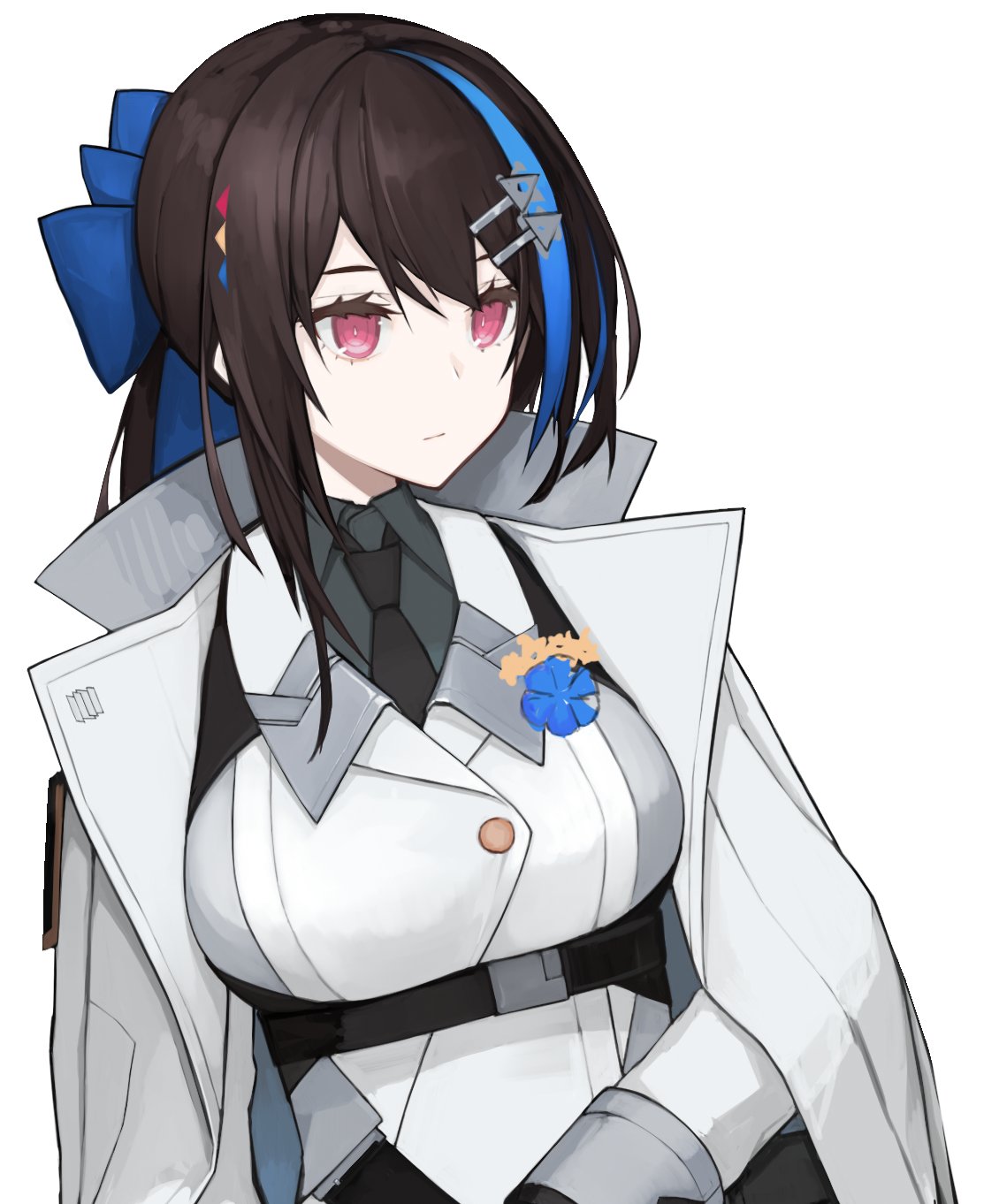 1girl, banned_artist, black_necktie, blue_hair, breasts, brown_hair, coat, collared_shirt