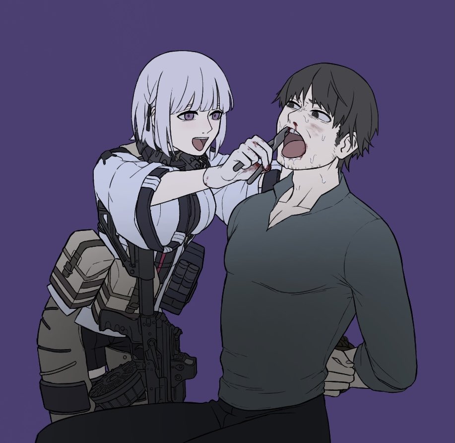 1boy, 1girl, arm_behind_back, assault_rifle, blood, blood_on_gloves, bound, bound_arms, brown_hair, commentary_request, dirty, dirty_face, dobo_4, drum_magazine, girls_frontline, gloves, gun, k_(girls'_frontline), looking_at_another, magazine_(weapon), nosebleed, open_mouth, pliers, purple_background, rifle, rpk-16, rpk-16_(girls'_frontline), short_hair, simple_background, smile, tooth_pulling, violet_eyes, weapon, white_hair