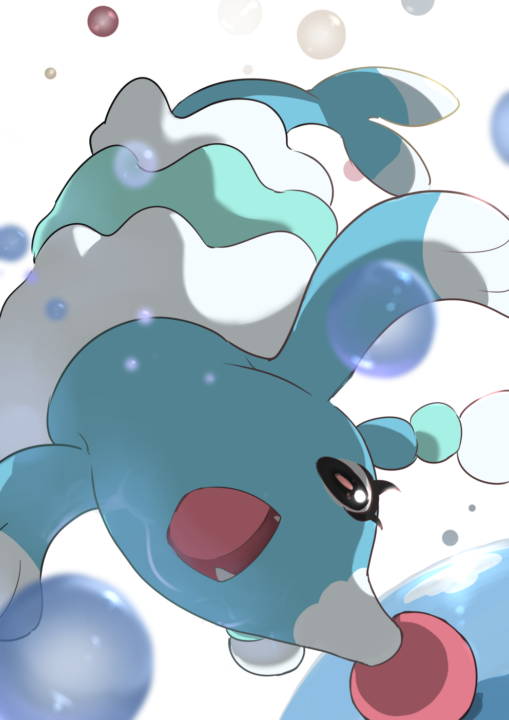 :d, black_eyes, brionne, bubble, commentary_request, eyelashes, fangs, highres