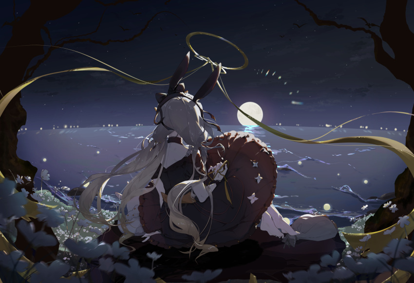 1girl, alchemy_stars, animal_ears, bare_tree, barefoot, bird, black_bow, blonde_hair