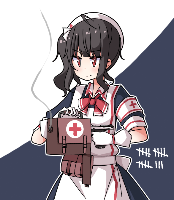 1girl, ac130, ahoge, armband, bag, black_hair, bullet_hole, commentary_request