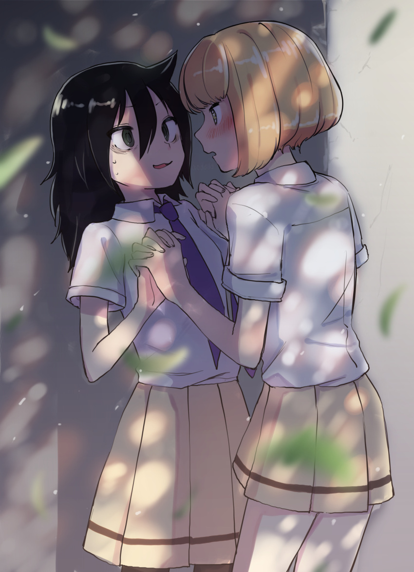 2girls, against_wall, artist_name, bags_under_eyes, bangs, black_hair, blonde_hair, blush