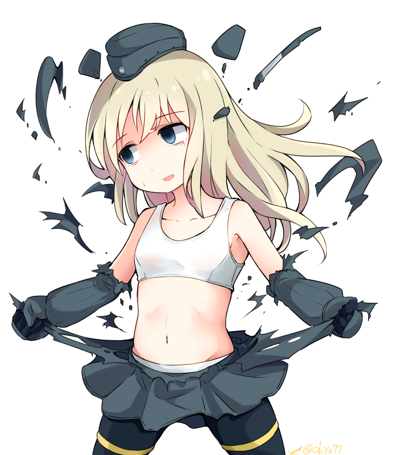 1girl, blonde_hair, blue_eyes, bodysuit, bra, breasts, collarbone, garrison_cap