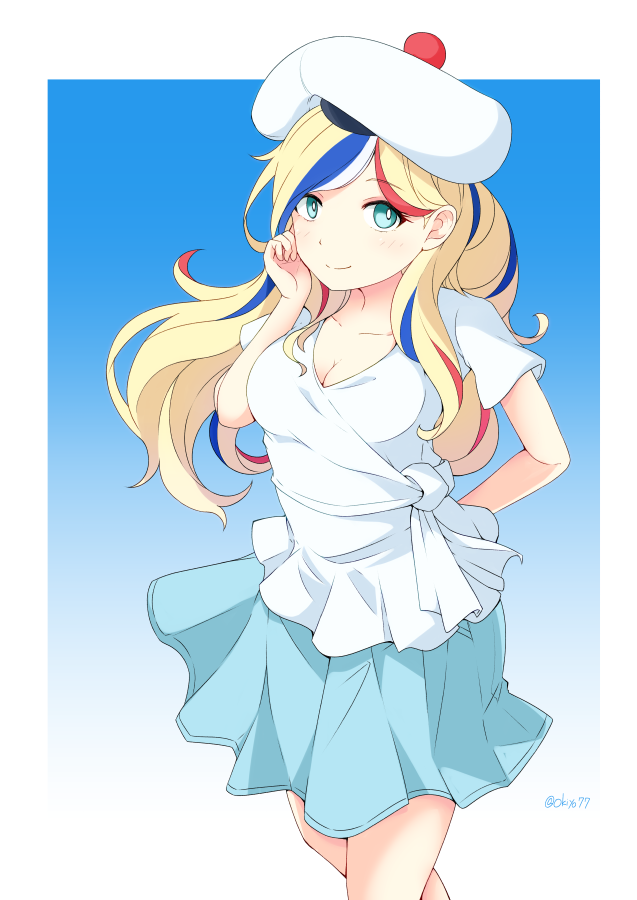 1girl, alternate_costume, bangs, beret, blonde_hair, blue_hair, blue_skirt, breasts