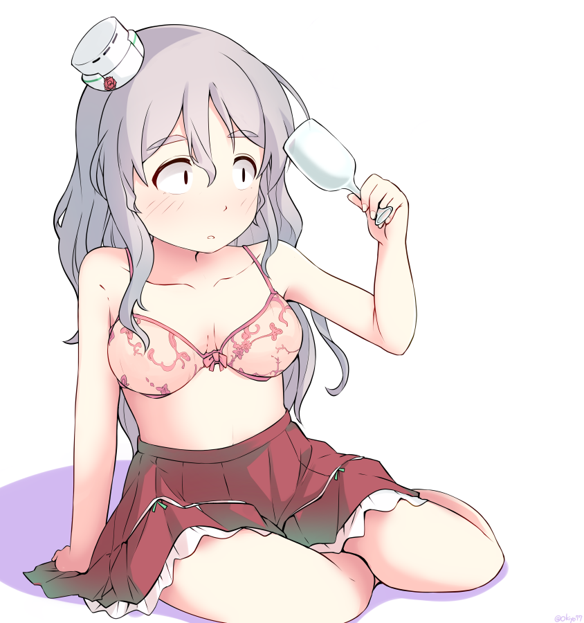1girl, bra, breasts, collarbone, cup, drinking_glass, frilled_skirt, frills