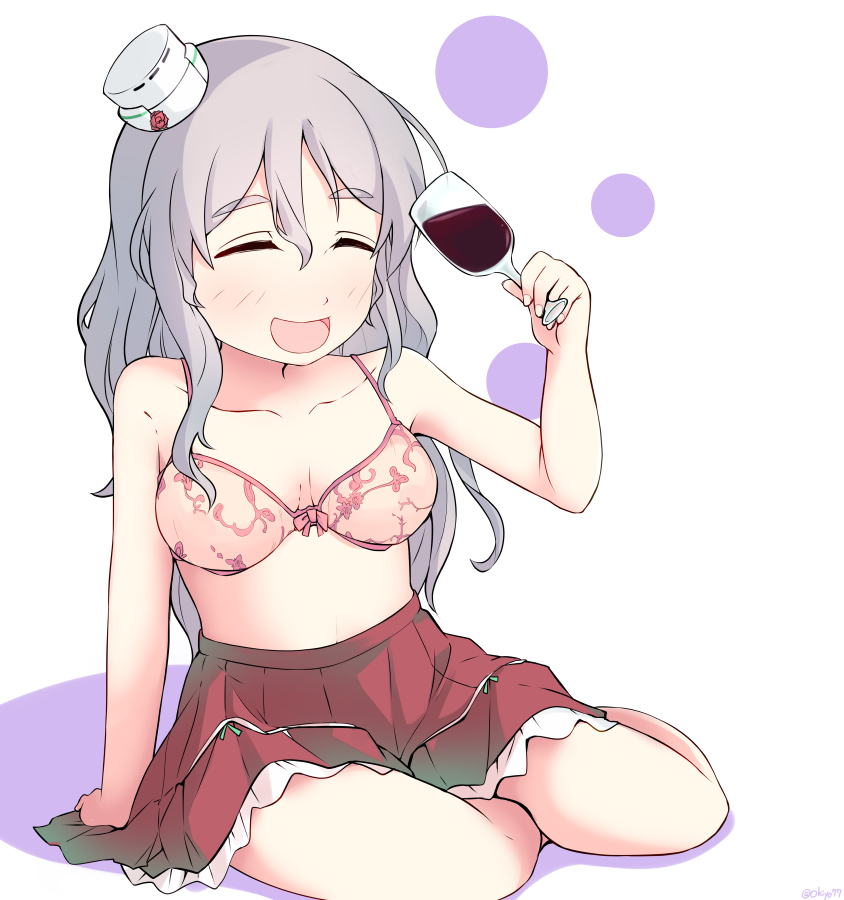 1girl, bra, breasts, closed_eyes, collarbone, cup, drinking_glass, frilled_skirt