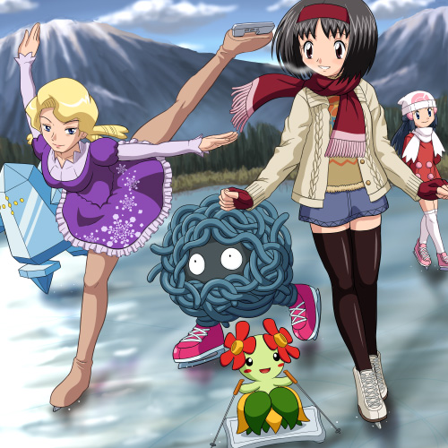 3girls, alternate_costume, bellossom, contemporary, erika_(pokemon), hikari_(pokemon), hikari_(pokemon)_(remake), ice