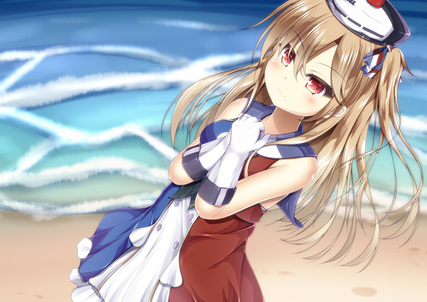 1girl, bangs, bare_shoulders, beach, blonde_hair, blue_oath, blue_sailor_collar, breasts