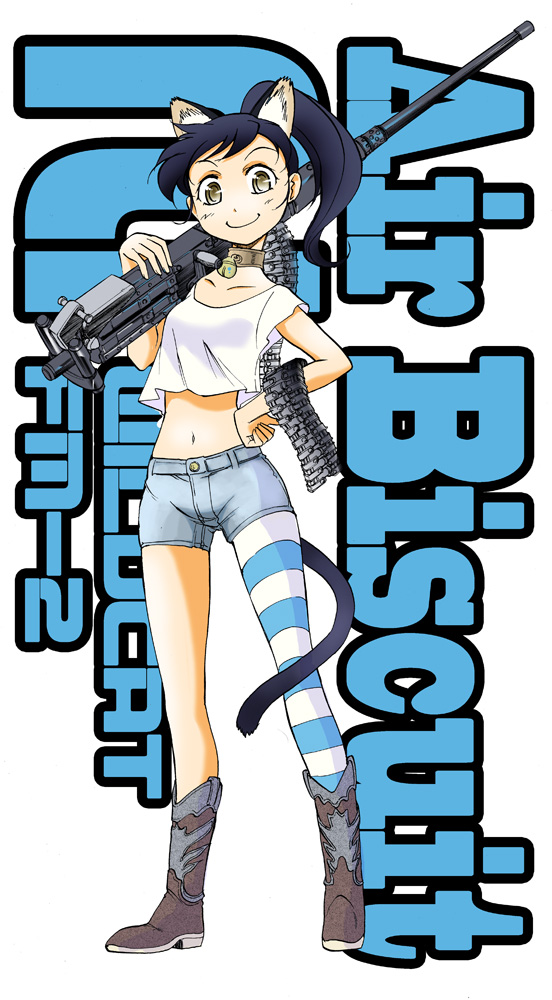 animal_ears, bell, boots, browning_m2, collar, cowboy_boots, denim, denim_shorts