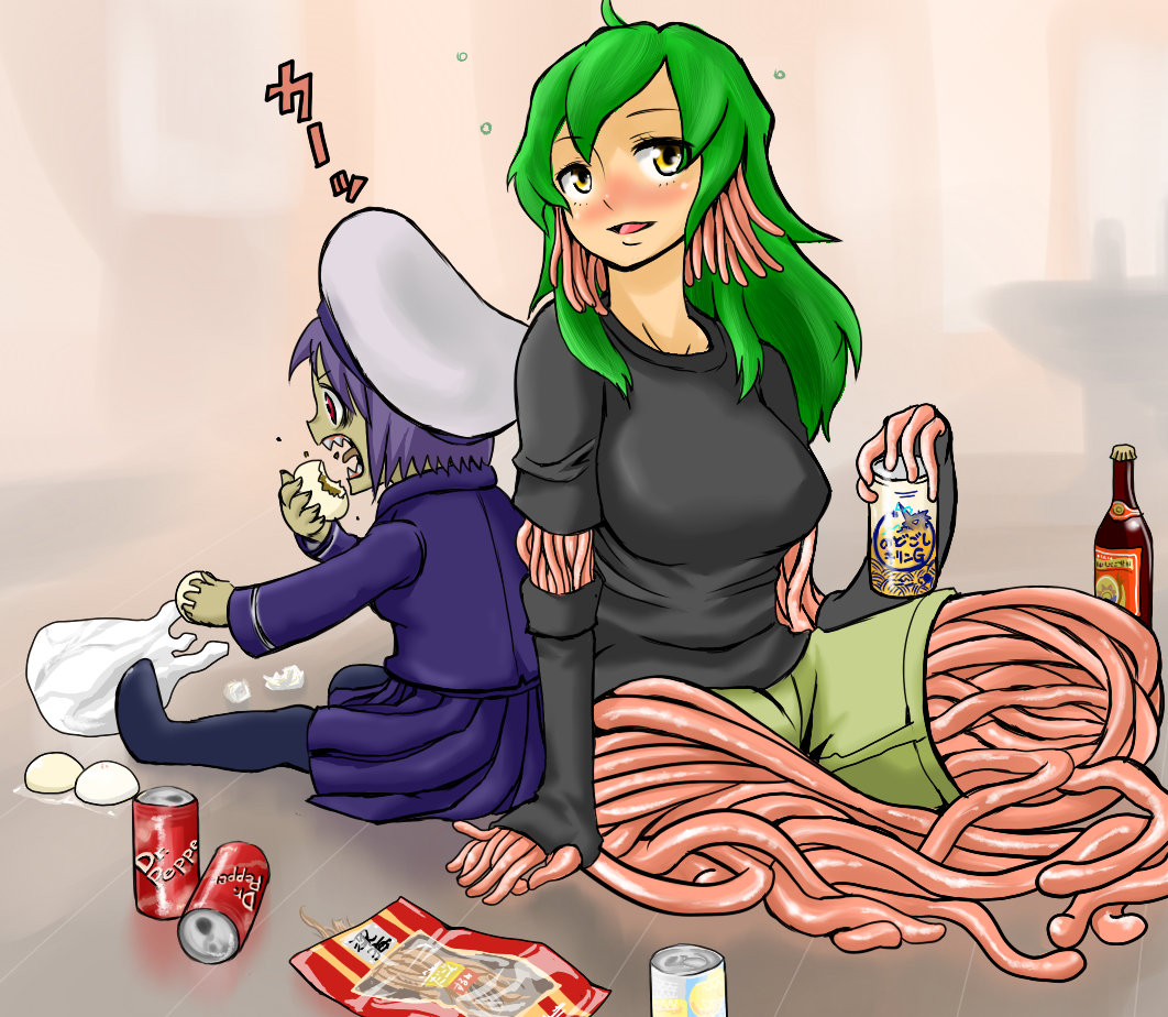 beer, blue_hair, dr_pepper, eating, female, green_hair, tentacle, tentacle_monster