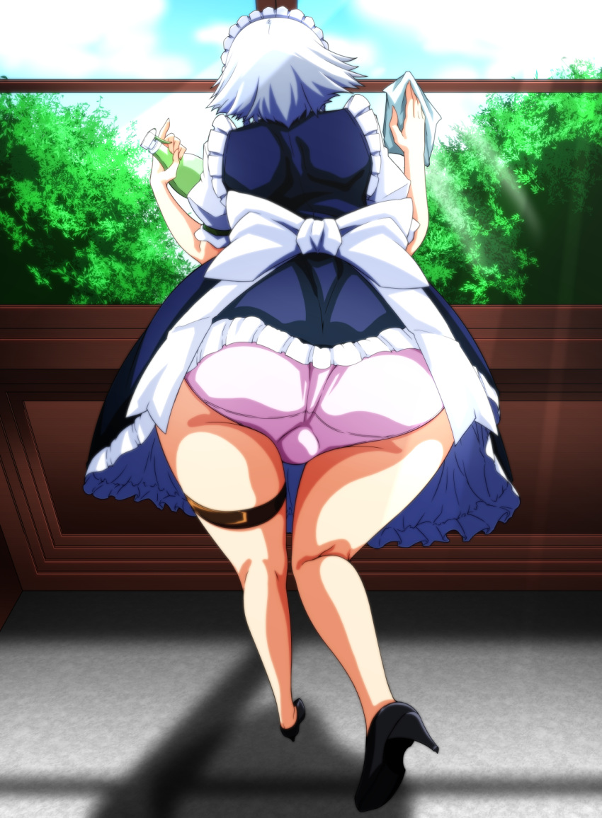 1girl, apron, ass, back, back_bow, bangs, bent_over, black_footwear, blue_dress, bow, buckle, cleaning_windows, commentary_request, day, dress, facing_away, frilled_dress, frills, from_behind, full_body, high_heels, highres, holding_cloth, izayoi_sakuya, maid, maid_apron, maid_headdress, medium_hair, panties, pink_panties, puffy_short_sleeves, puffy_sleeves, shadow, shirt, short_sleeves, silver_hair, solo, standing, tatsuya_(guild_plus), thick_thighs, thigh_strap, thighs, touhou, tree, twintails, underwear, white_shirt, window, wiping