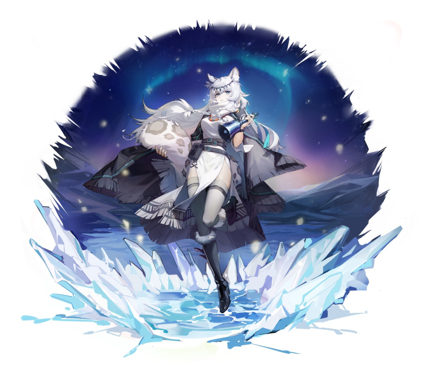 1girl, animal_ear_fluff, animal_ears, arknights, aurora, bangs, bell, belt, belt_pouch, black_coat, black_footwear, blue_eyes, boots, braid, breasts, bright_pupils, circlet, coat, coat_on_shoulders, cube_981, dress, full_body, fur-trimmed_boots, fur_trim, gradient_sky, grey_legwear, high_heel_boots, high_heels, holding, holding_bell, holding_tail, ice, knee_boots, large_tail, leg_up, leopard_ears, leopard_girl, leopard_tail, long_hair, looking_at_viewer, medium_breasts, night, night_sky, open_clothes, open_coat, parted_lips, pelvic_curtain, pouch, pramanix_(arknights), sky, smile, solo, tail, thigh-highs, turtleneck, twin_braids, very_long_hair, white_dress