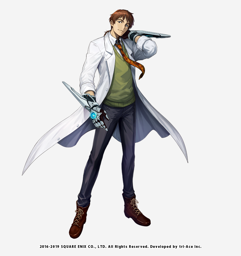 1boy, black_pants, bowman_jean, brown_footwear, brown_hair, company_name, dated, full_body, gauntlets, hand_up, kijimoto_yuuhi, labcoat, looking_at_viewer, male_focus, necktie, official_art, pants, red_neckwear, simple_background, solo, standing, star_ocean, star_ocean_anamnesis, sweater_vest, white_background