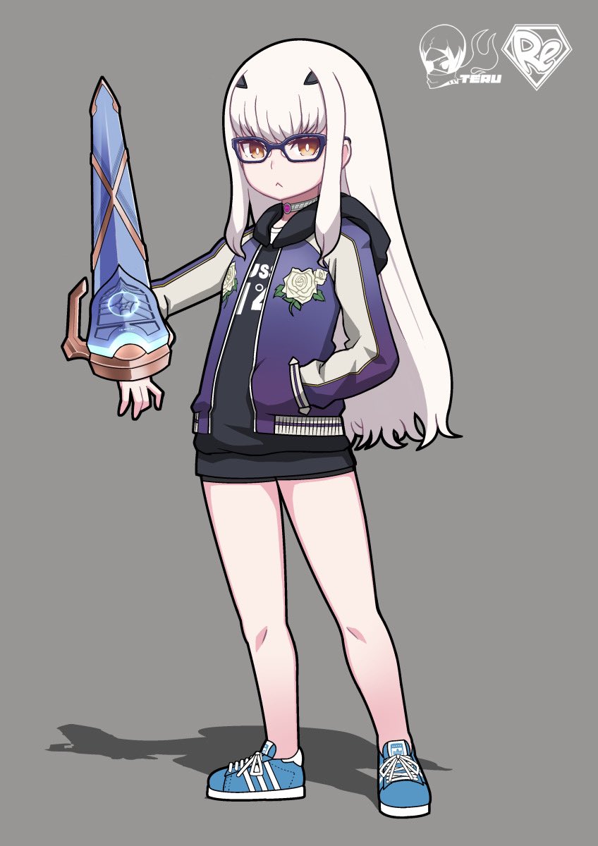 1girl, armor, bespectacled, breasts, bright_pupils, fairy_knight_lancelot_(fate), fate/grand_order, fate_(series), faulds, g3gogogo, glasses, highres, hood, hood_down, hoodie, long_sleeves, looking_at_viewer, open_clothes, open_hoodie, red_eyes, small_breasts, solo, white_hair