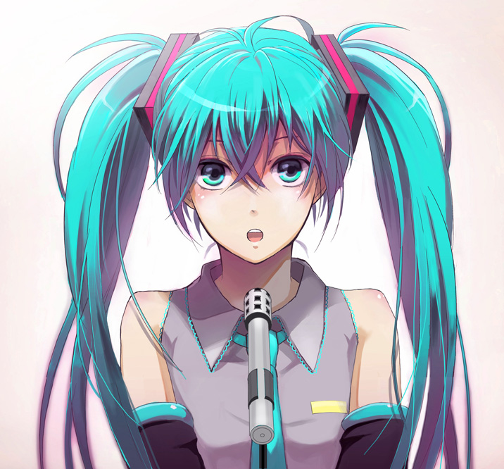 aqua_hair, bad_id, detached_sleeves, hatsune_miku, koromono, long_hair, microphone, necktie