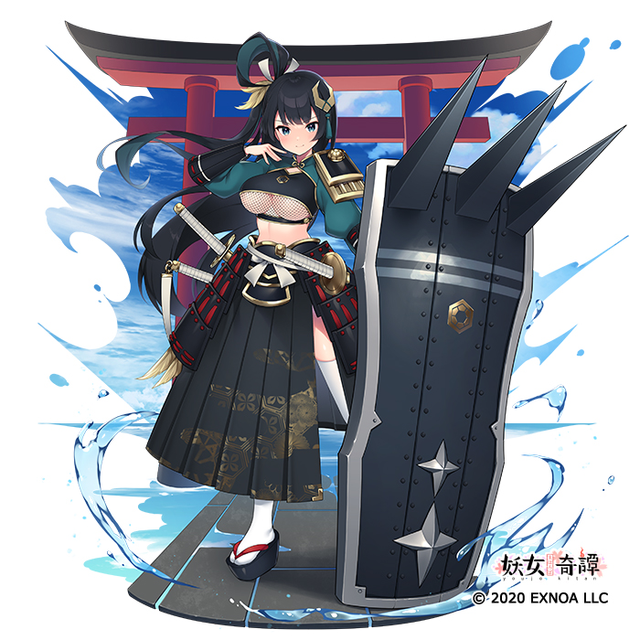 1girl, black_hair, blue_eyes, breasts, genbu, large_breasts, mahoroba_youjo_kitan, nyasunyadoora, official_art, solo, under_boob