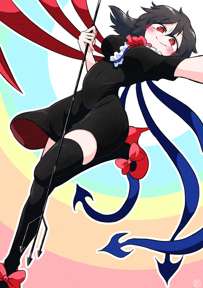 1girl, absurdres, asymmetrical_wings, black_dress, black_hair, black_legwear, blue_wings, bow