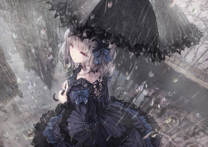 1girl, bangs, black_dress, blue_bow, bow, brown_hair, commentary_request, crying