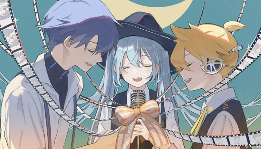 aky_ami, alternate_costume, blonde_hair, blue_hair, closed_eyes, film_reel, happy_end_(vocaloid), hat