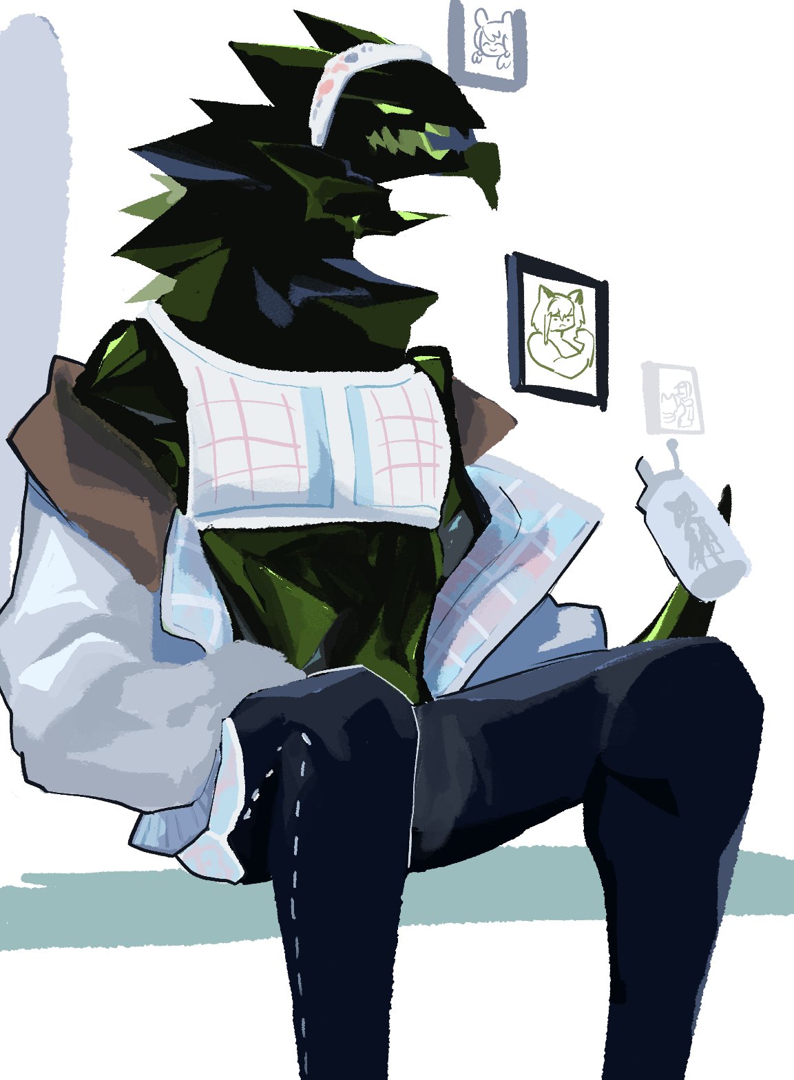 arknights, black_pants, blue_poison_(arknights), blue_poison_(arknights)_(cosplay), bottle, cosplay, crop_top, doctor_(arknights)