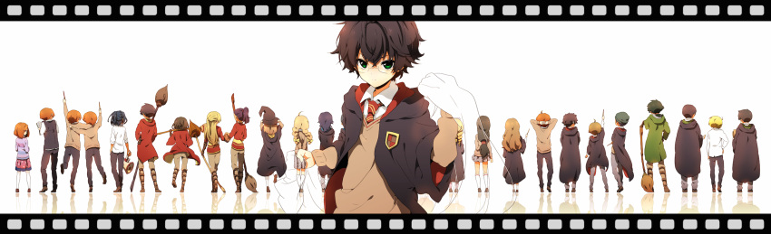 6+boys, 6+girls, back, black_hair, broom, character_request, draco_malfoy, everyone