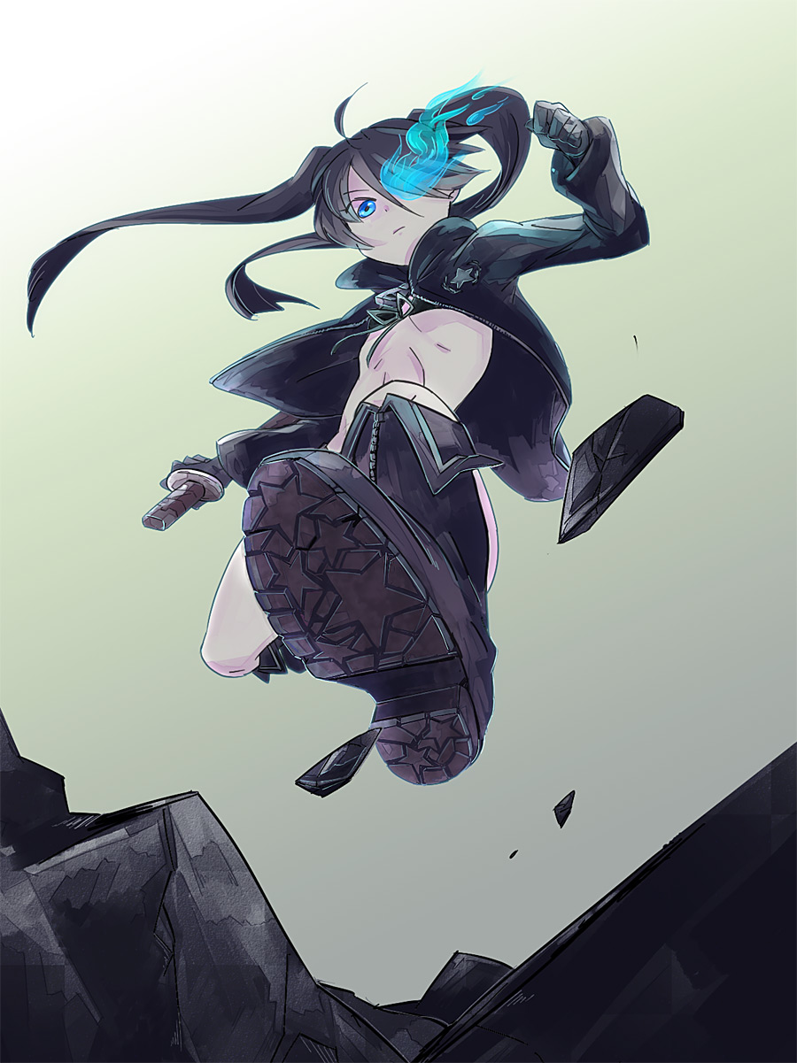 black_hair, black_rock_shooter, black_rock_shooter_(character), blue_eyes, boots, coat, flat_chest, from_below