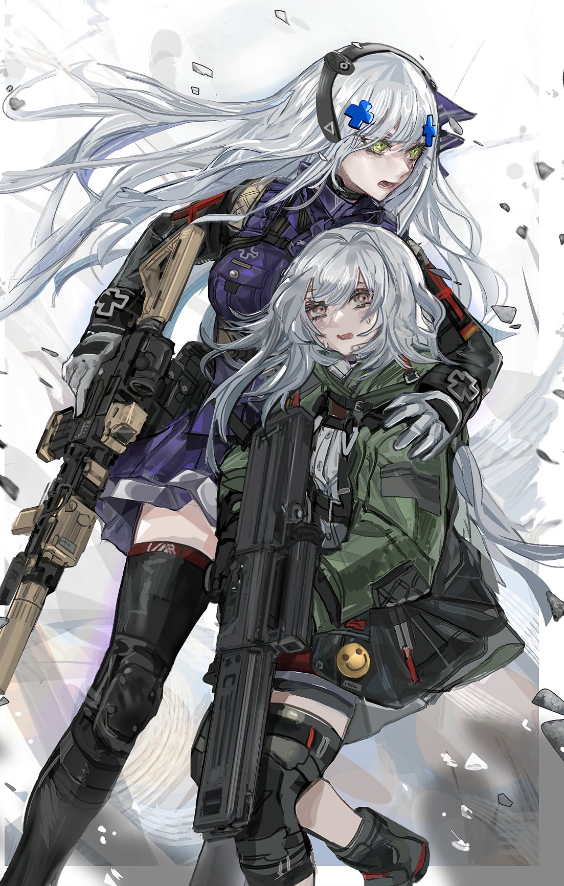2girls, assault_rifle, bag, bangs, black_footwear, black_hairband, black_legwear, blue_hair