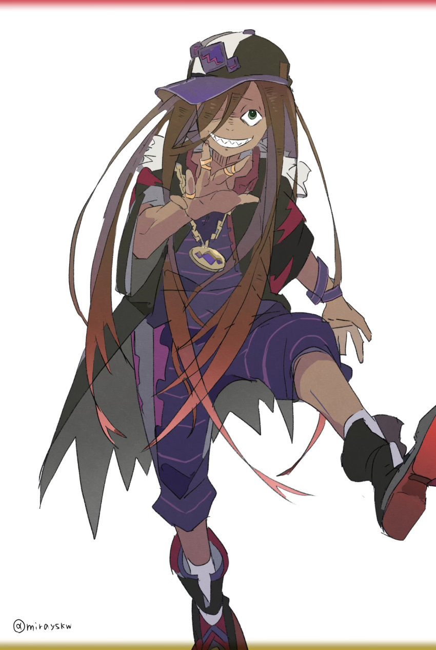 1boy, alternate_costume, brown_hair, dark-skinned_male, dark_skin, grin, hand_up, hat