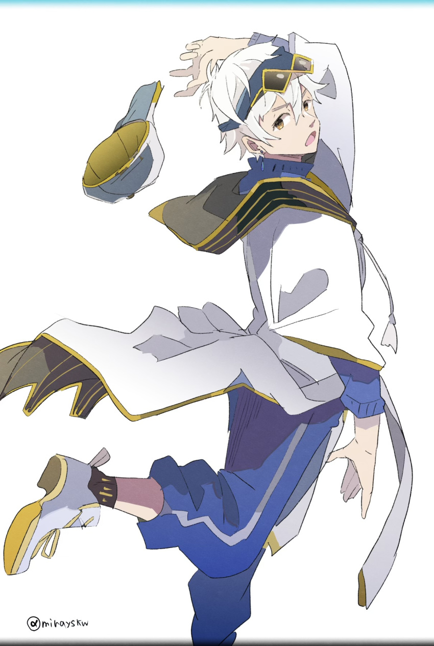 1boy, alternate_costume, cloak, eyewear_on_head, hat, hat_removed, headwear_removed, highres