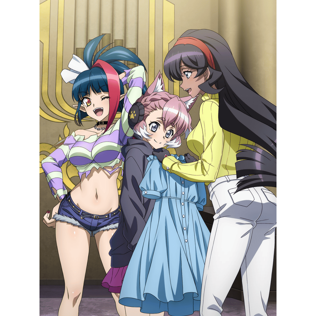 3girls, animal_ears, artist_request, ass, black_hair, blue_eyes, blue_hair, blue_shorts, blush, braid, breasts, closed_mouth, collarbone, elsa_(symphogear), eyebrows_visible_through_hair, fang, hair_ornament, hair_ribbon, hairband, indoors, large_breasts, long_hair, looking_at_another, midriff, millaarc, multicolored_hair, multiple_girls, navel, official_art, one_eye_closed, open_mouth, orange_eyes, pants, pink_hair, redhead, ribbon, senki_zesshou_symphogear, shiny, shiny_hair, short_hair, short_shorts, shorts, smile, sweater, vanessa_(symphogear), white_hair, white_pants, wolf_ears, wolf_girl, yellow_sweater
