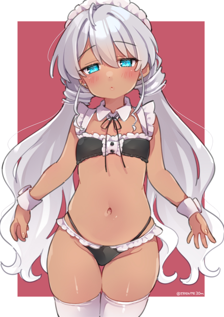 1girl, aqua_eyes, bikini, black_bikini, blush, breasts, commentary_request, cowboy_shot