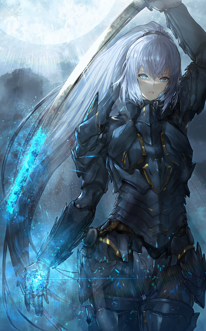 1girl, arm_up, armor, blue_eyes, blue_fire, blue_hair, breastplate, commentary_request