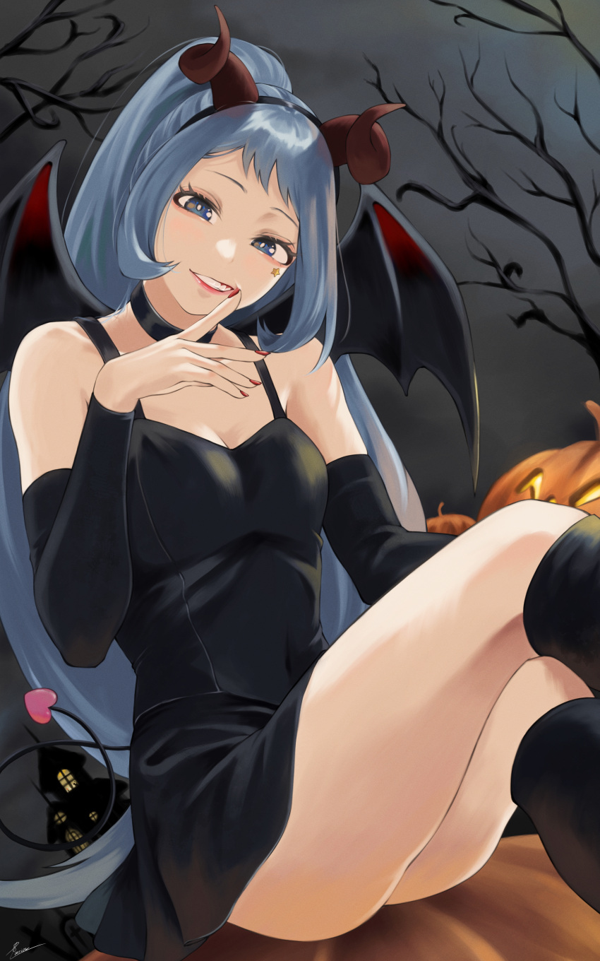 1girl, absurdres, bare_legs, bare_shoulders, black_dress, black_legwear, blue_eyes, blue_hair