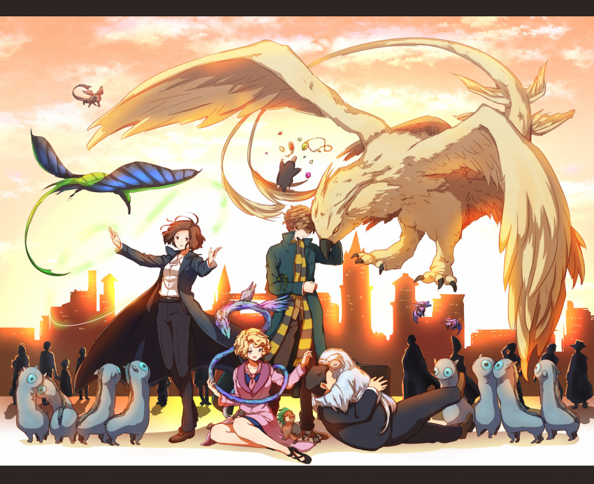 2boys, 2girls, animal, black_pants, blonde_hair, blue_eyes, coat, collared_shirt, creature, fantastic_beasts_and_where_to_find_them, formal, harry_potter_(series), highres, jacob_kowalski, jewelry, kapirusu, letterboxed, magic, monkey, multiple_boys, multiple_girls, newt_scamander, pants, platypus, porpentina_goldstein, queenie_goldstein, shirt, sitting, suit, white_shirt