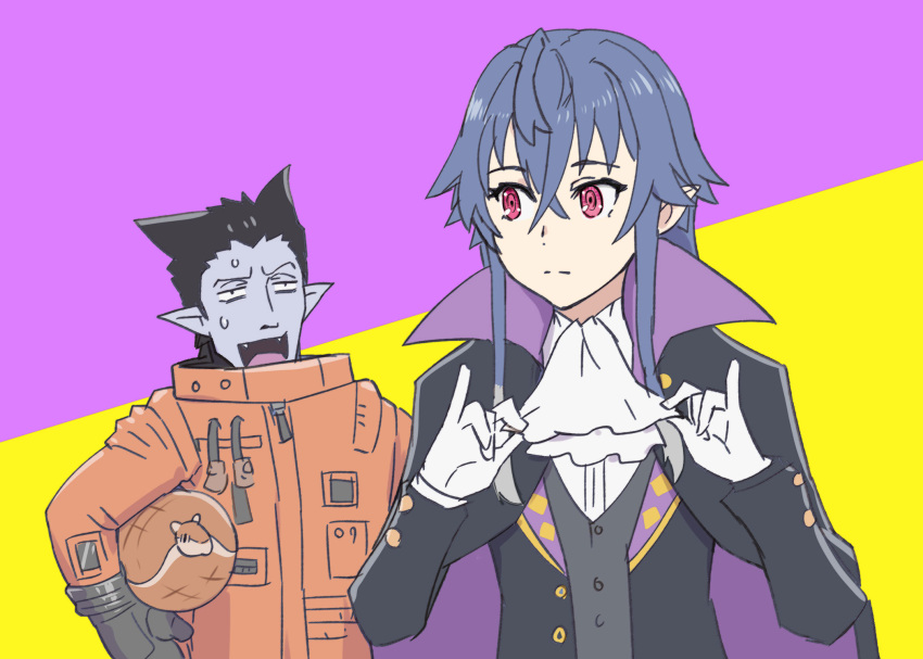 1boy, 1girl, armadillo, black_hair, blue_hair, cosplay, costume_switch, draluc_(kyuuketsuki_sugu_shinu)