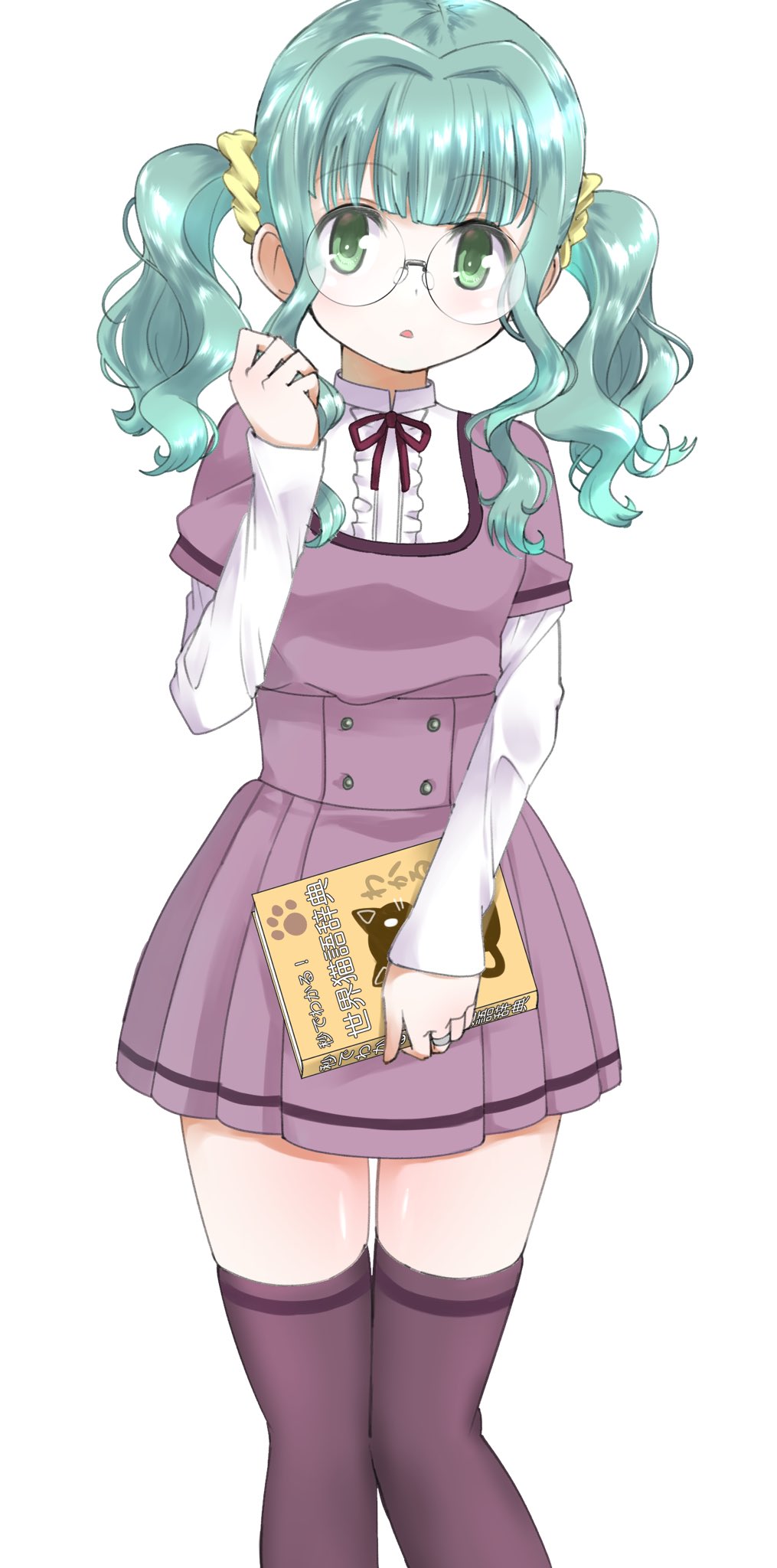 1girl, :o, aqua_eyes, aqua_hair, black_legwear, blush, book, bow, bowtie, chinese_text, corset, cowboy_shot, dress, eyebrows_visible_through_hair, fk, frills, futaba_sana, glasses, hand_up, highres, holding, holding_book, leon_ahp, long_sleeves, looking_at_viewer, magia_record:_mahou_shoujo_madoka_magica_gaiden, mahou_shoujo_madoka_magica, purple_dress, solo, standing, standing_on_one_leg, thigh-highs, two_side_up, wavy_hair, white_background, zettai_ryouiki