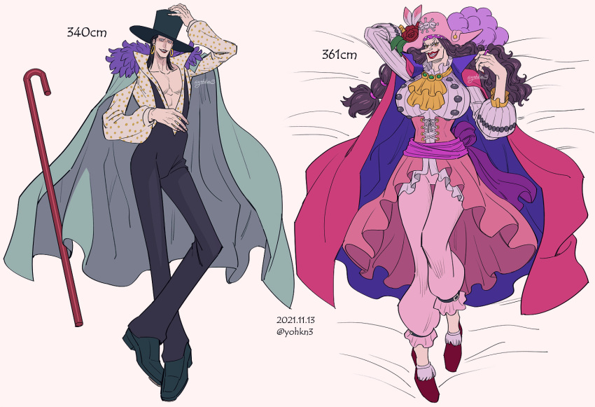 1boy, 1girl, abs, arm_up, black_hair, blouse, breasts, cane, cape, catarina_devon, collarbone, collared_shirt, dakimakura_(medium), earrings, flower, full_body, grin, hand_on_headwear, hat, hat_flower, high_collar, highres, huge_breasts, jewelry, lafitte, lipstick, long_hair, long_nose, long_sleeves, lying, makeup, mature_female, on_back, one_piece, overalls, pale_skin, pants, parted_lips, pectorals, pirate, pirate_hat, rose, sarong, shirt, shoes, short_hair, skull_and_crossbones, smile, toned, toned_male, very_long_hair, youkan_(tako)