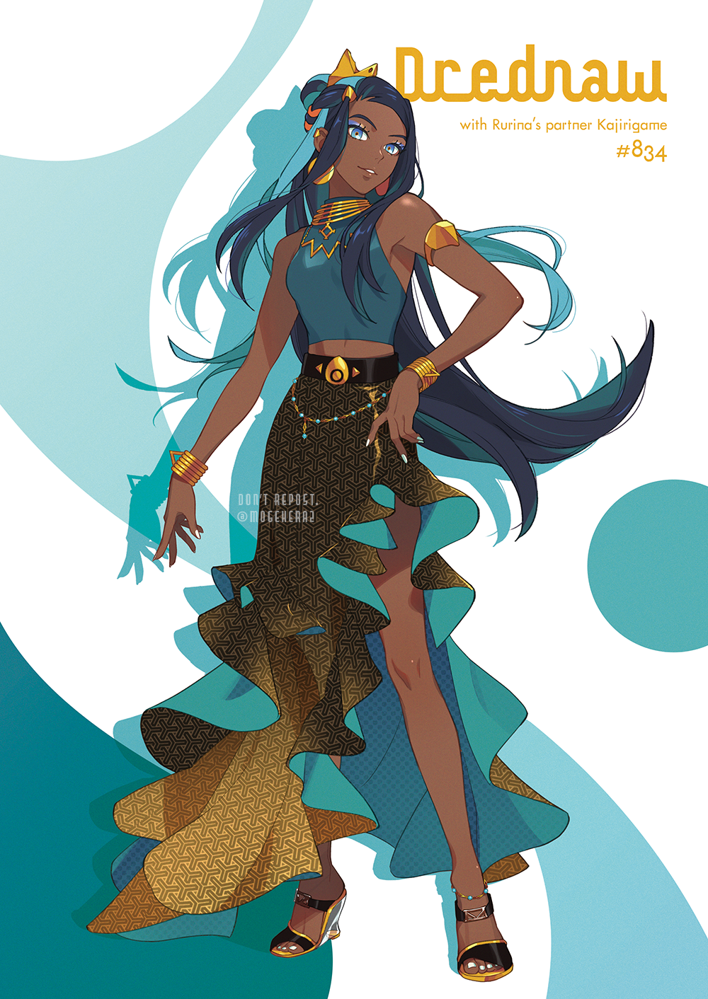 1girl, alternate_costume, aqua_shirt, armlet, black_hair, blue_eyes, blue_eyeshadow, blue_hair, bracelet, character_name, commentary_request, dark-skinned_female, dark_skin, drednaw, earclip, earrings, eyeshadow, floating_hair, full_body, hair_bun, hand_on_hip, high_heels, highres, hoop_earrings, jewelry, knees, long_hair, makeup, moge-hera, multicolored_hair, nail_polish, necklace, nessa_(pokemon), parted_lips, pokemon, pokemon_(game), pokemon_swsh, shirt, sleeveless, sleeveless_shirt, smile, solo, standing, two-tone_hair