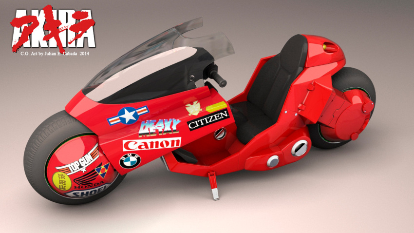 2014, 3d, akira, bmw, canon_(company), cyberpunk, dated, ground_vehicle, hielometalico, logo, machinery, motor_vehicle, motorcycle, no_humans, realistic, roundel, science_fiction, shiny, signature, solo, sticker, tire, top_gun, united_states_air_force