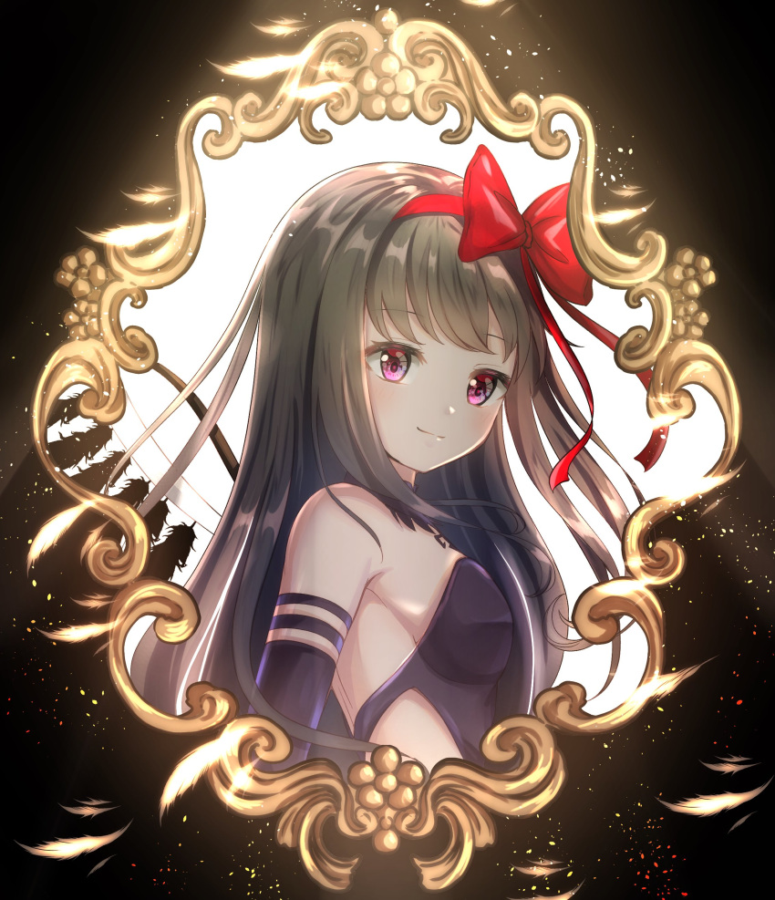 1girl, absurdres, akuma_homura, armpit_peek, backlighting, bare_shoulders, black_background, black_hair