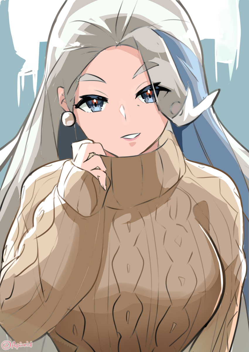 1girl, absurdres, akanboh, alternate_costume, breasts, brown_sweater, cable_knit, commentary_request