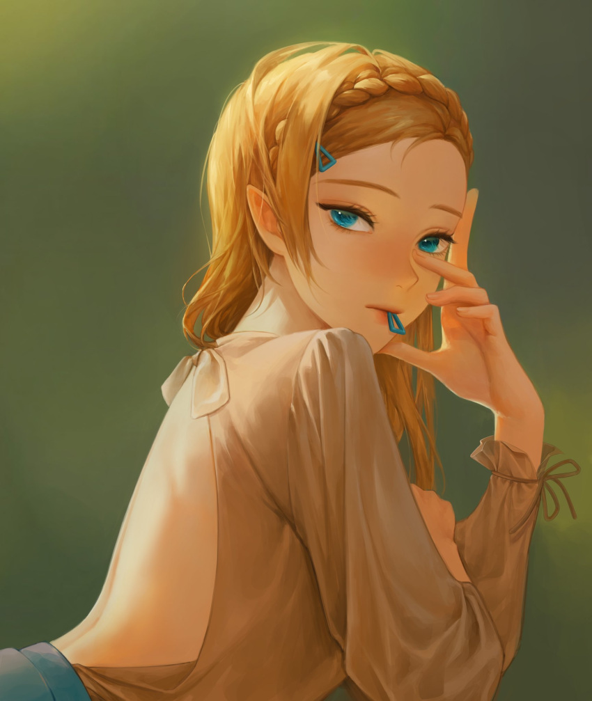 1girl, alternate_costume, alternate_hairstyle, back, backless_outfit, blonde_hair, blue_eyes, braid