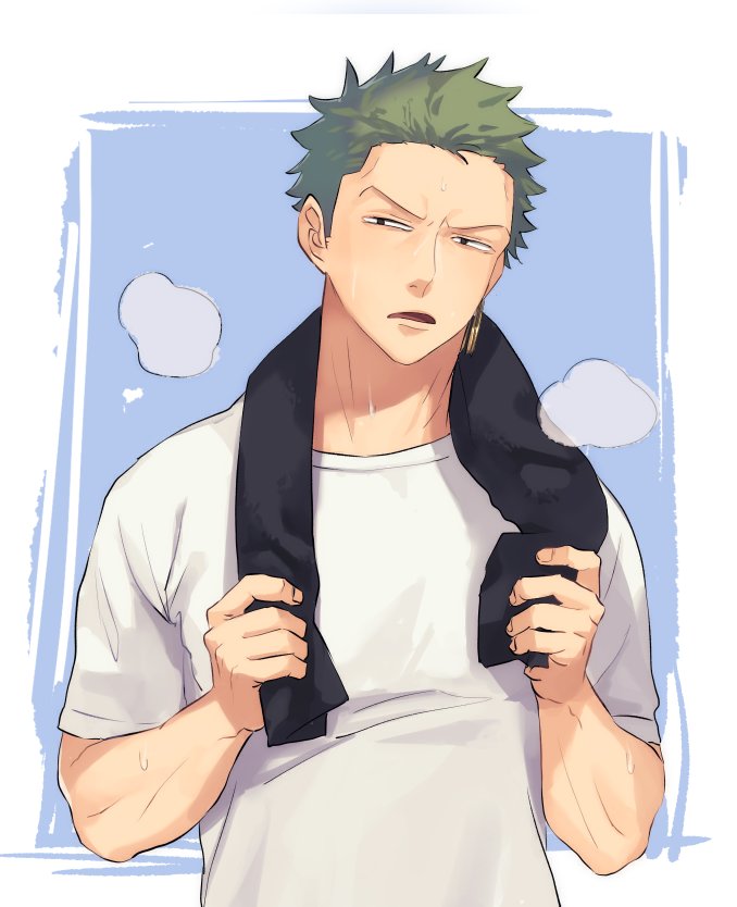 1boy, black_towel, earrings, green_hair, holding, holding_towel, jewelry, looking_at_viewer