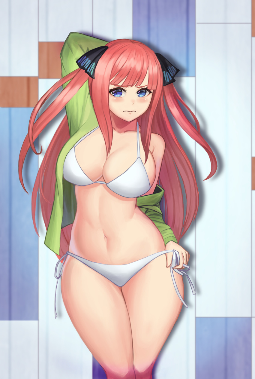 1girl, absurdres, arm_behind_head, arm_up, bangs, bikini, black_ribbon, blue_eyes
