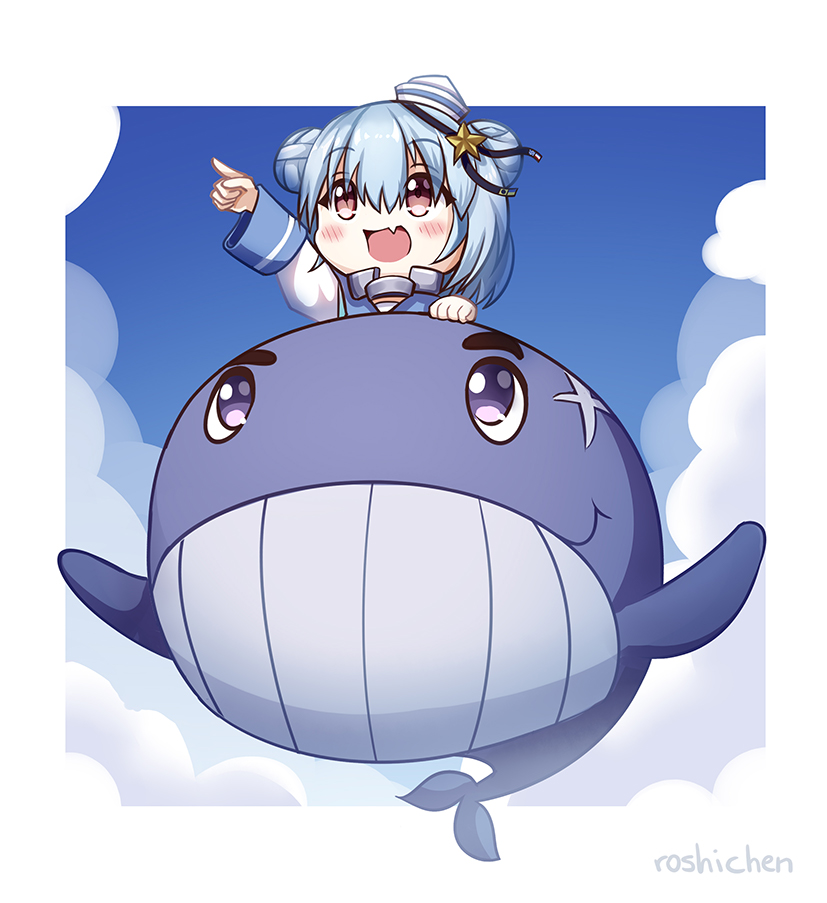 1girl, blue_hair, blue_sky, brown_eyes, chibi, clouds, dixie_cup_hat, double_bun