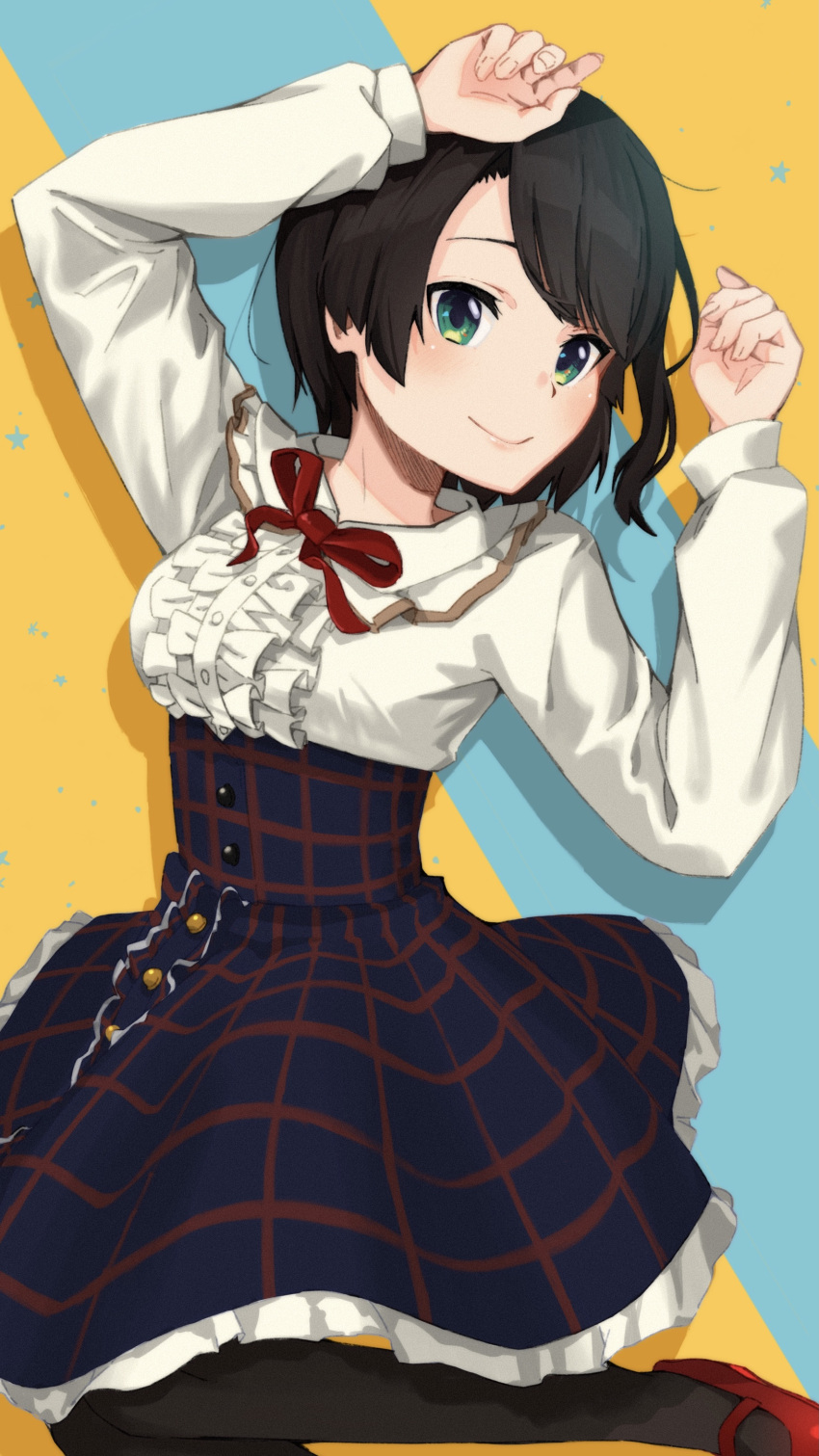 1girl, absurdres, black_hair, black_legwear, blue_skirt, bow, bowtie, center_frills